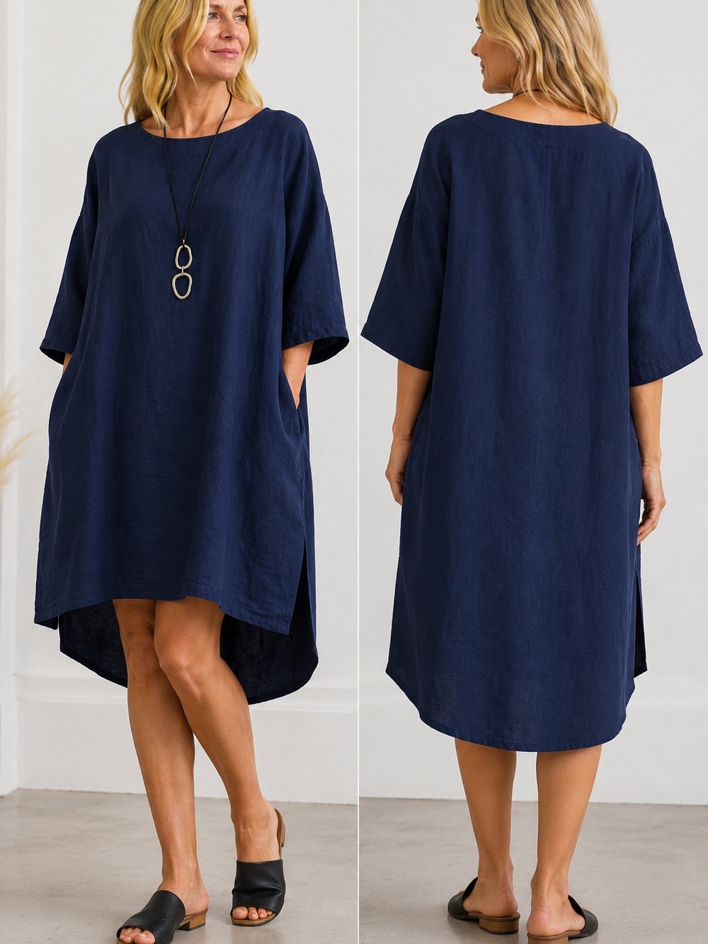 Ilona Pelli Linen Lagenlook Dress Medium Navy Blue High Low Avant Garde